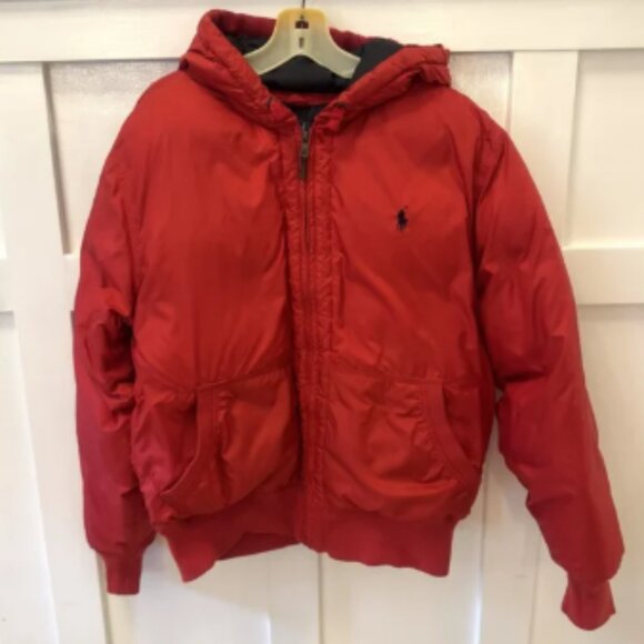 POLO By Ralph Lauren Down Puffer Jacket Men Size:L Full Zip Hooded Red Thick Y2K - Picture 1 of 11
